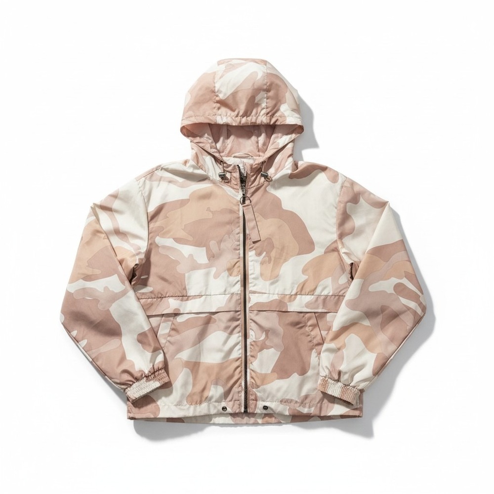 Forever 21 L Pink Tan Camo Windbreaker Jacket Womens Casual Athleisure Hooded